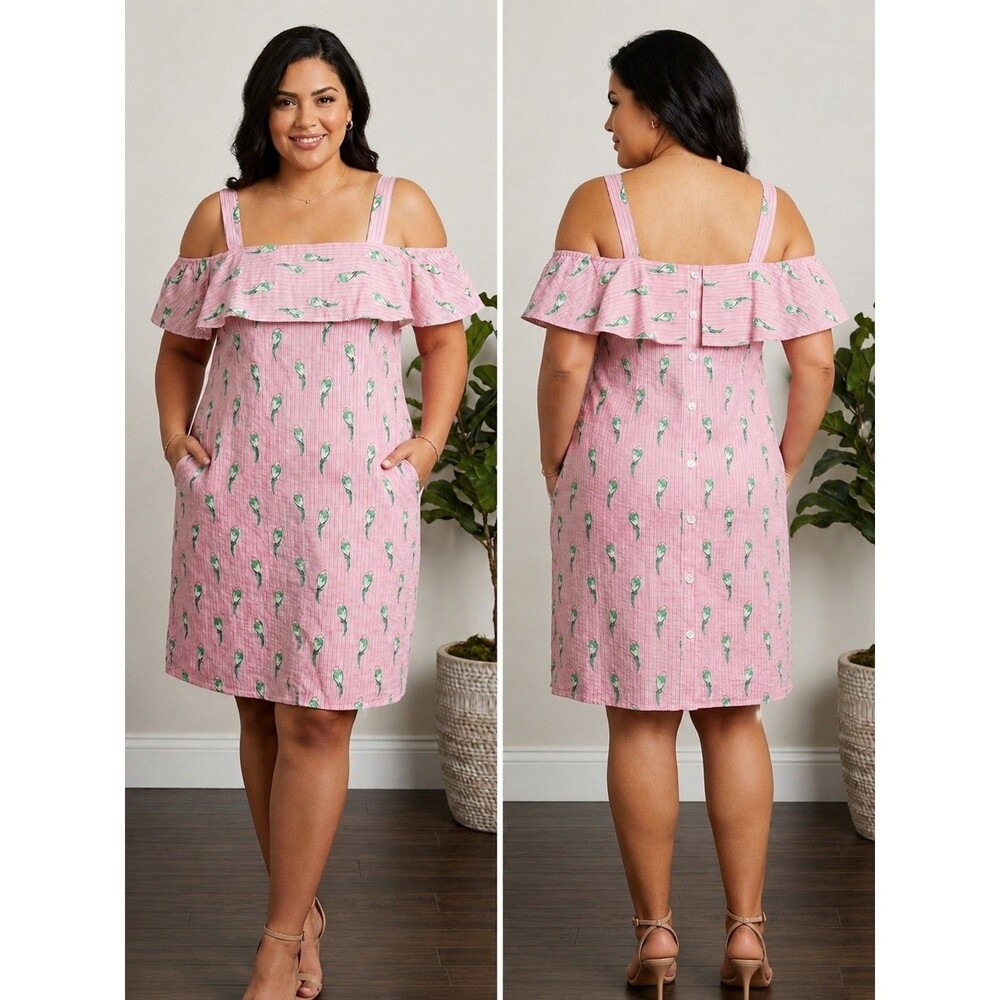 Crown & Ivy‎ Dress 100% Cotton Pink Tropical Cold Shoulder PocketsBoho Size 1X